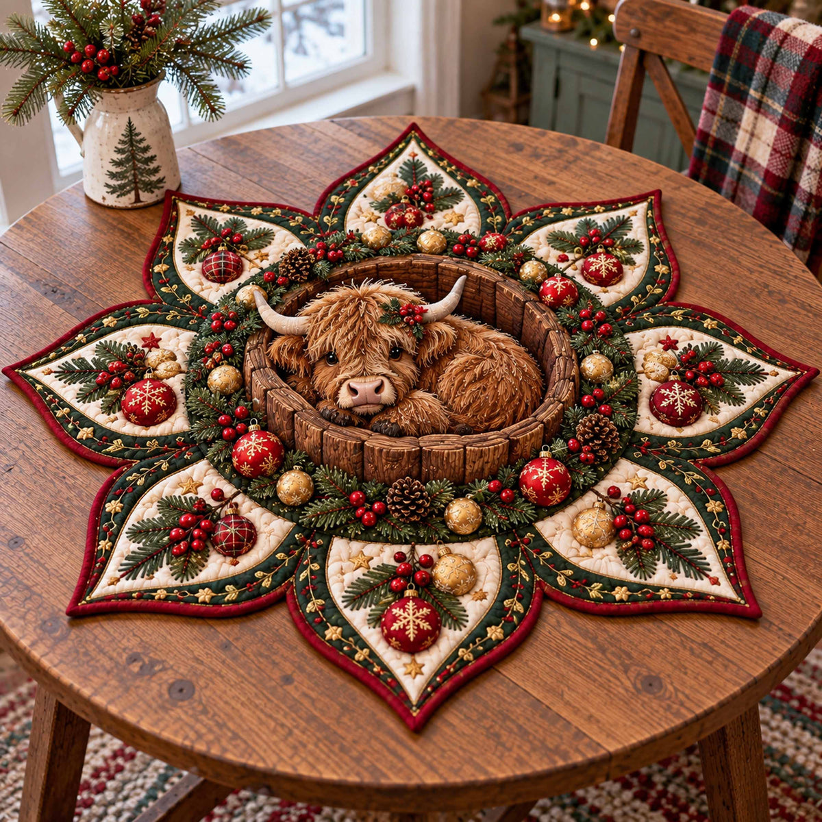 Highland Cow Holiday Custom Shape Quilted Table Topper SN0TD992