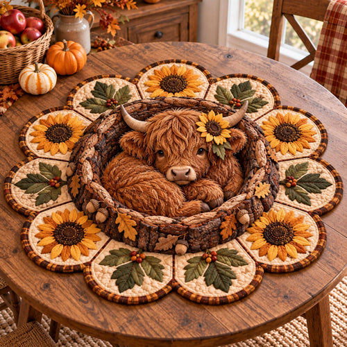 Highland Cow Meadow Custom Shape Quilted Table Topper SN0TD1004