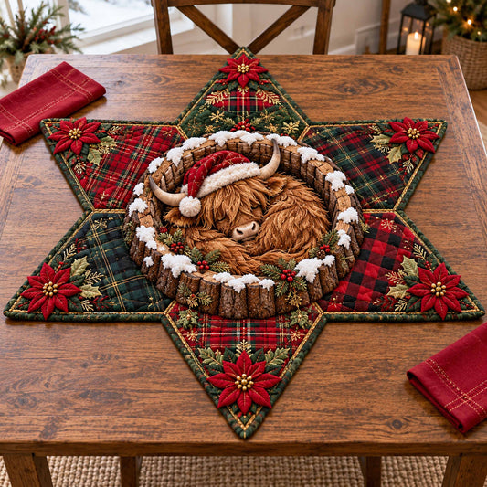 Highland Cow Yuletide Custom Shape Quilted Table Topper SN0TD998