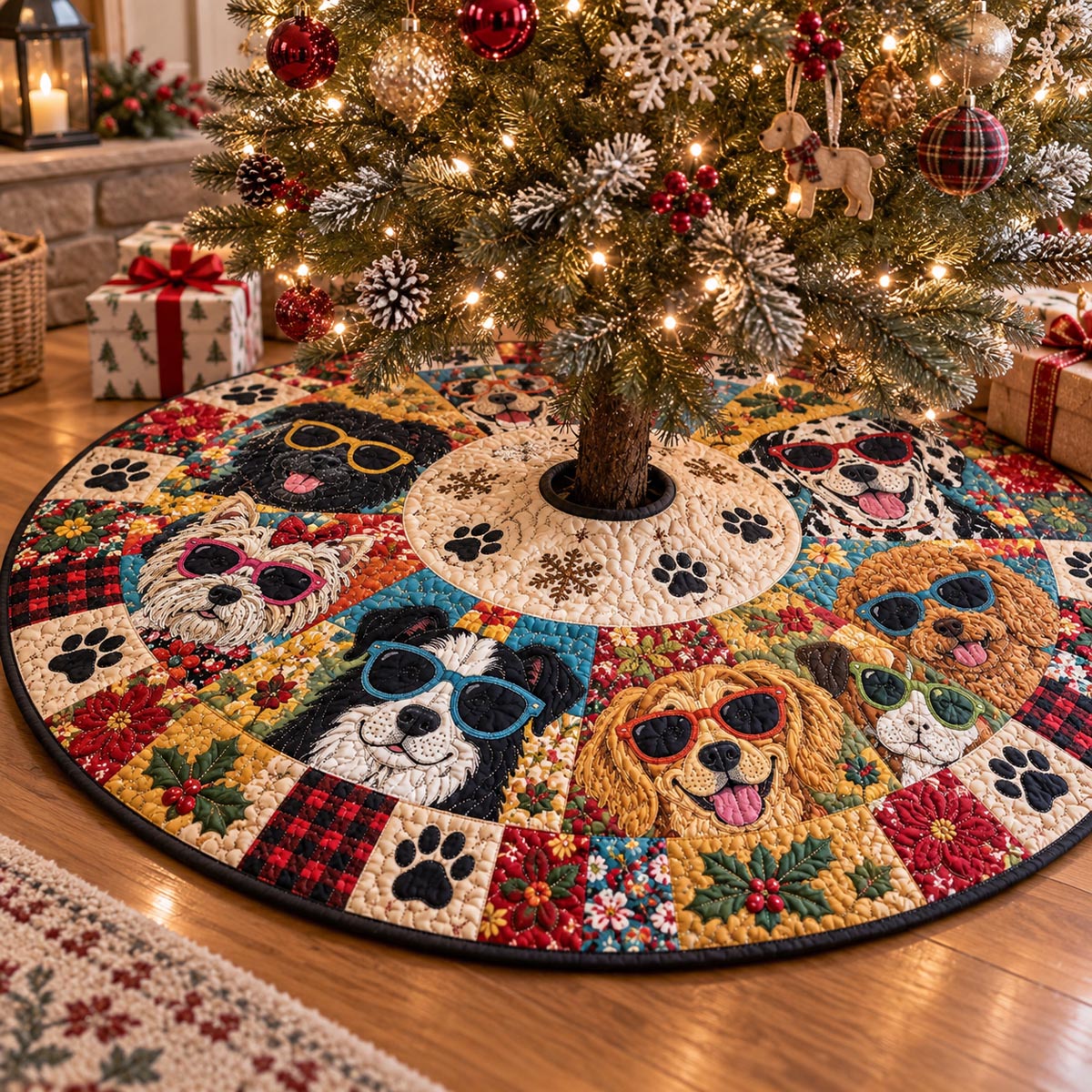 Holiday Dogs in Shades Christmas Quilted Tree Skirt SN0DV1172