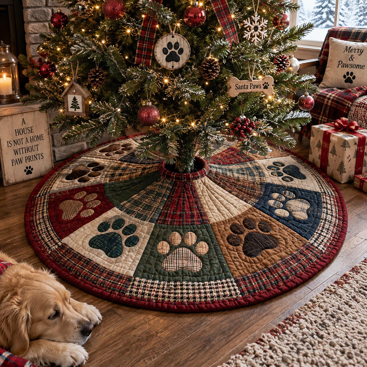 Holiday Paw Plaid Christmas Quilted Tree Skirt SN0DV668
