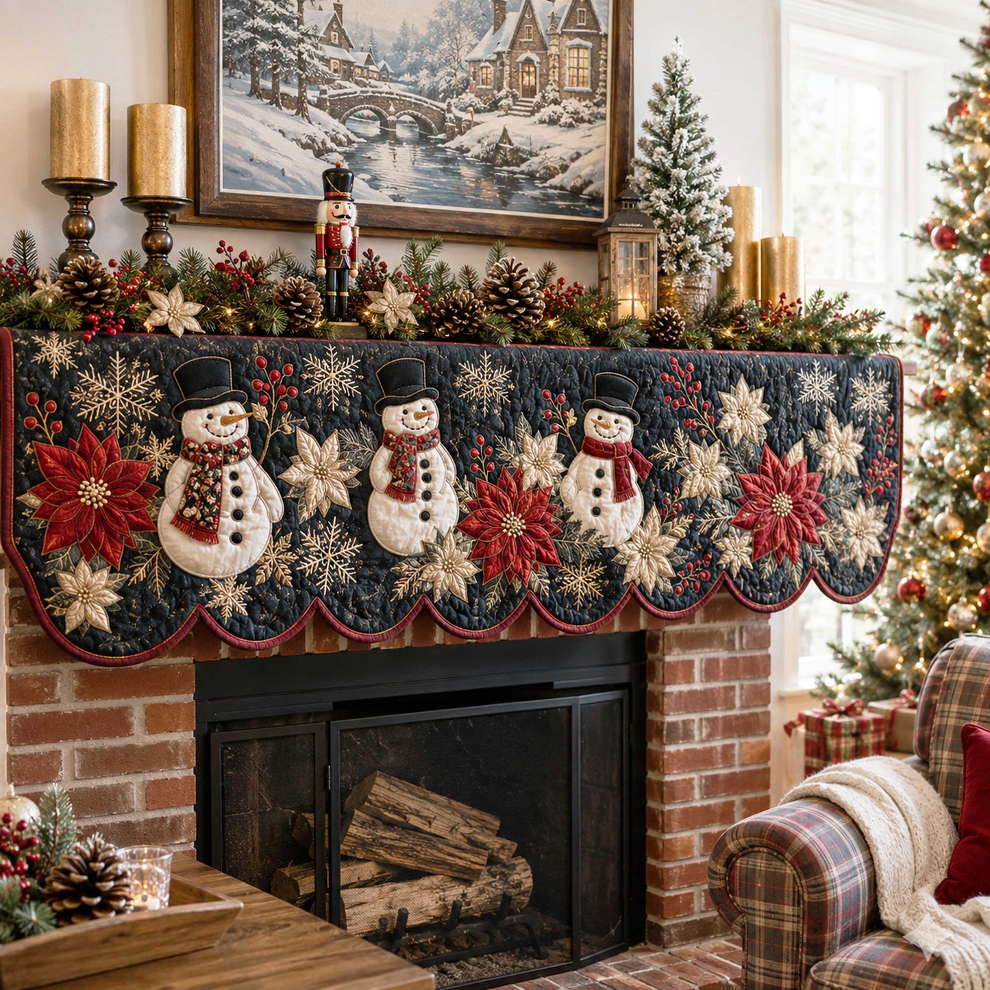 Holiday Poinsettia Quilted Mantel Scarf SN0TD256