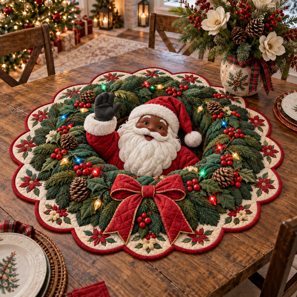 Holiday Wreath Santa Custom Shape Quilted Table Topper SN0TV486