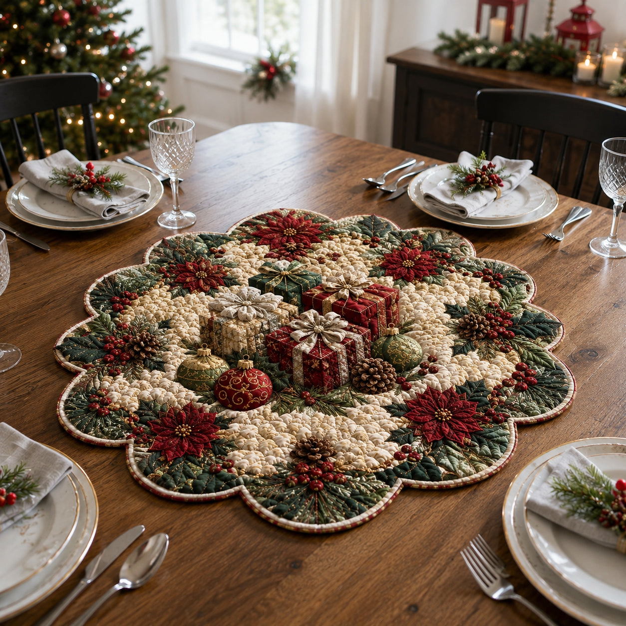 Holly Gift Wreath Custom Shape Quilted Table Topper SN0DV355
