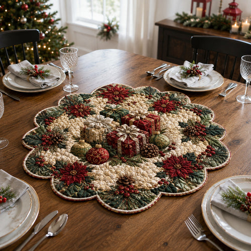 Holly Gift Wreath Custom Shape Quilted Table Topper SN0DV355