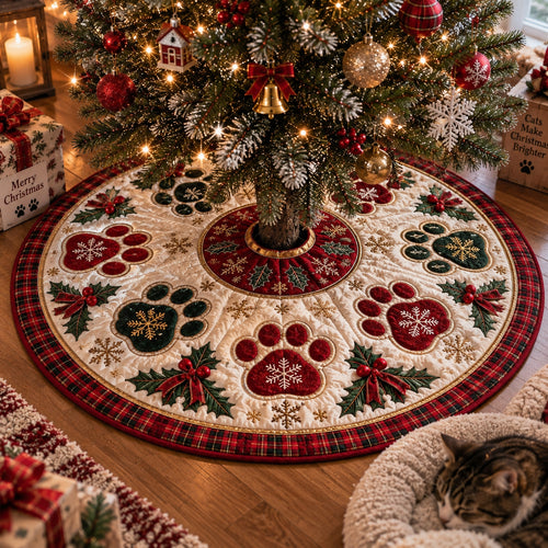 Holly Paw Wreath Christmas Quilted Tree Skirt SN0DV675