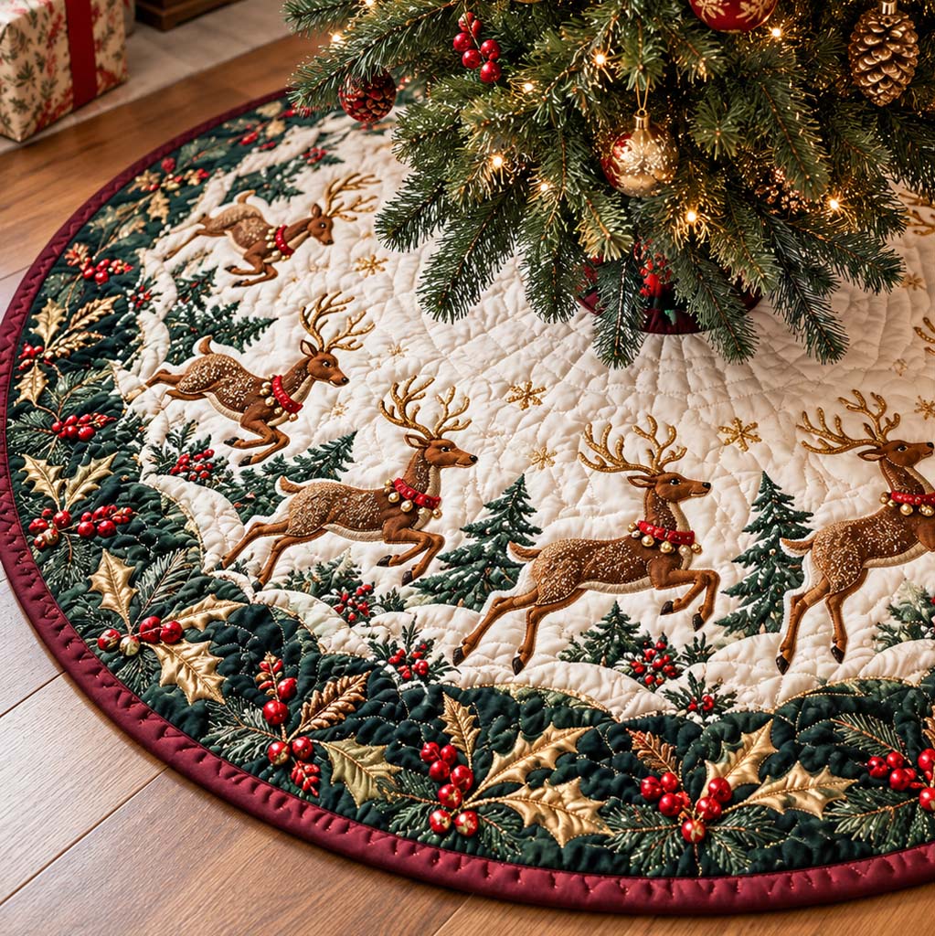 Holly Berry Reindeer Quilted Tree Skirt SN0HH1112