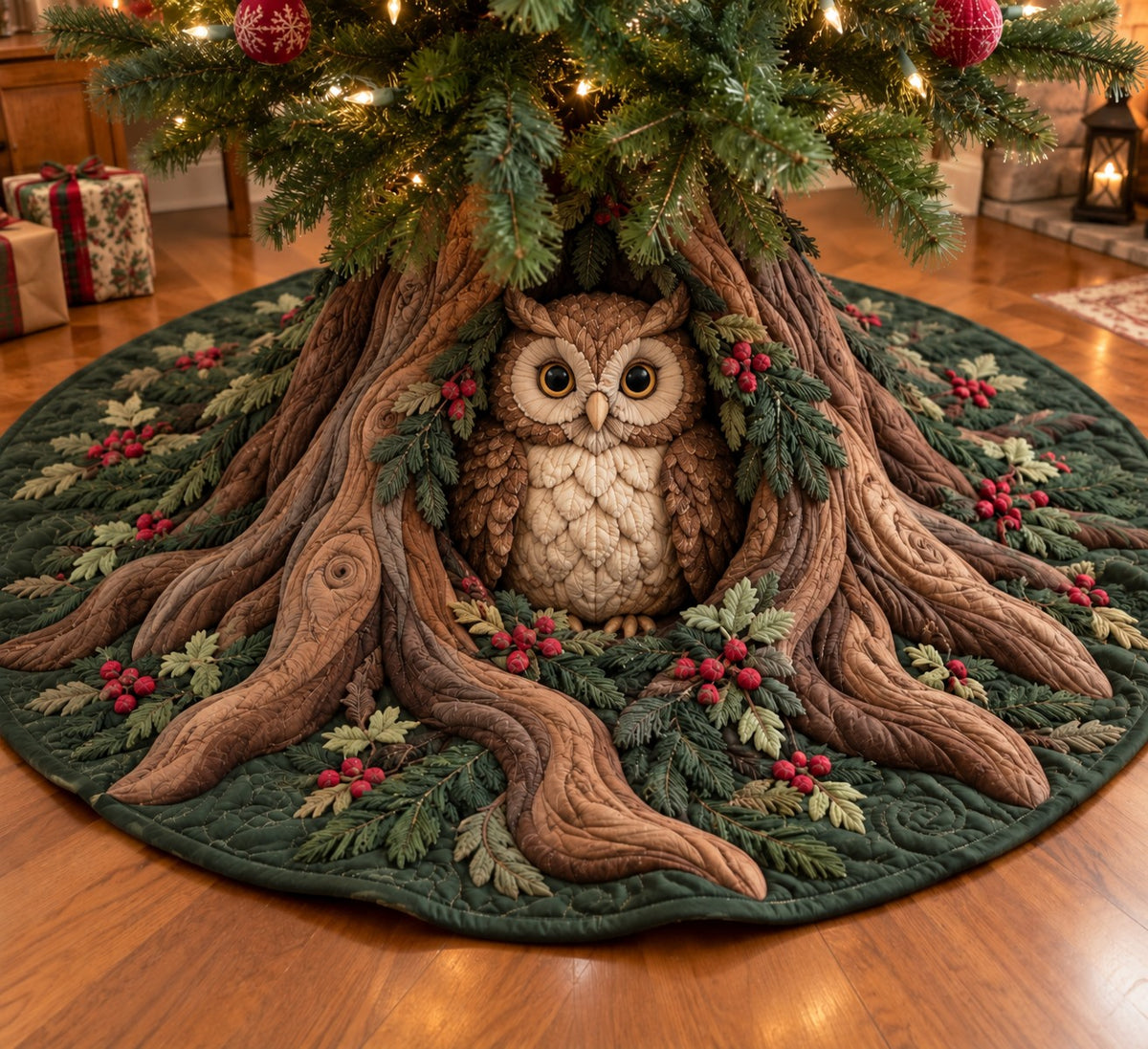 Holly Owl Forest Green Quilted Tree Skirt SN0TV1052