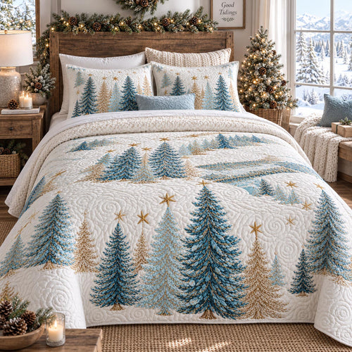 Icy Blue Christmas Pines 3-Piece Quilted Bedding Set SN0DV929