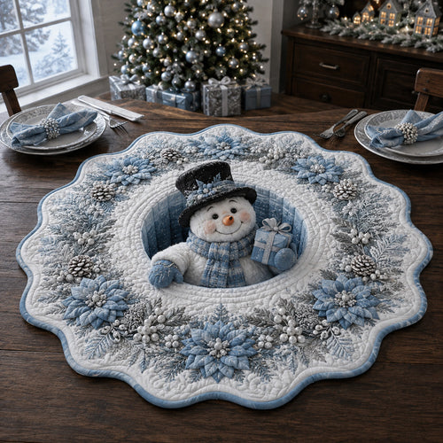 Icy Poinsettia Snowman Custom Shape Quilted Table Topper SN0HH0118