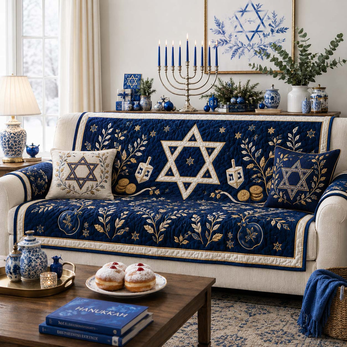 Indigo Hanukkah Gelt Quilted Sofa Cover SN0HH0205