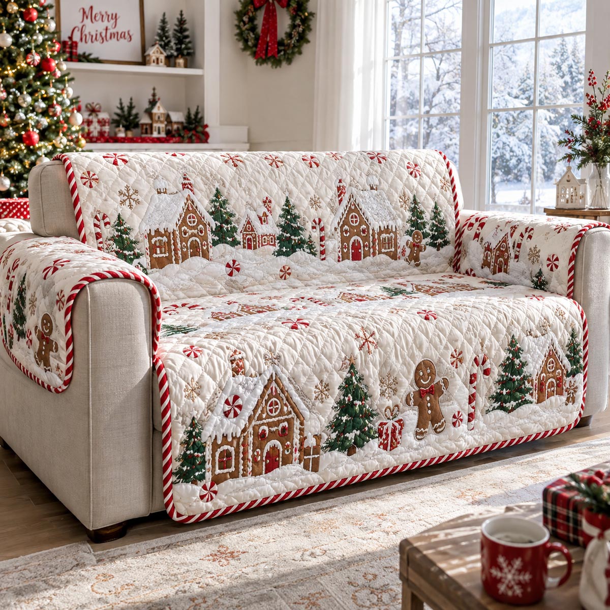 Ivory Christmas Village Quilted Sofa Cover SN0DV642