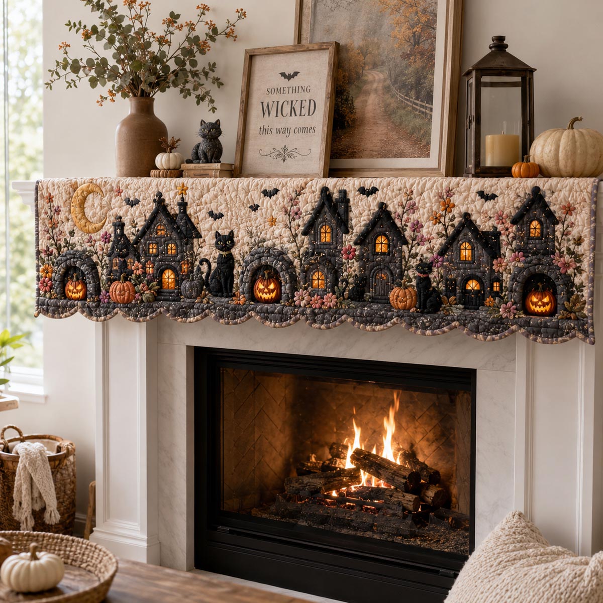 Ivory Haunted Village Quilted Mantle Scarf SN0DV276