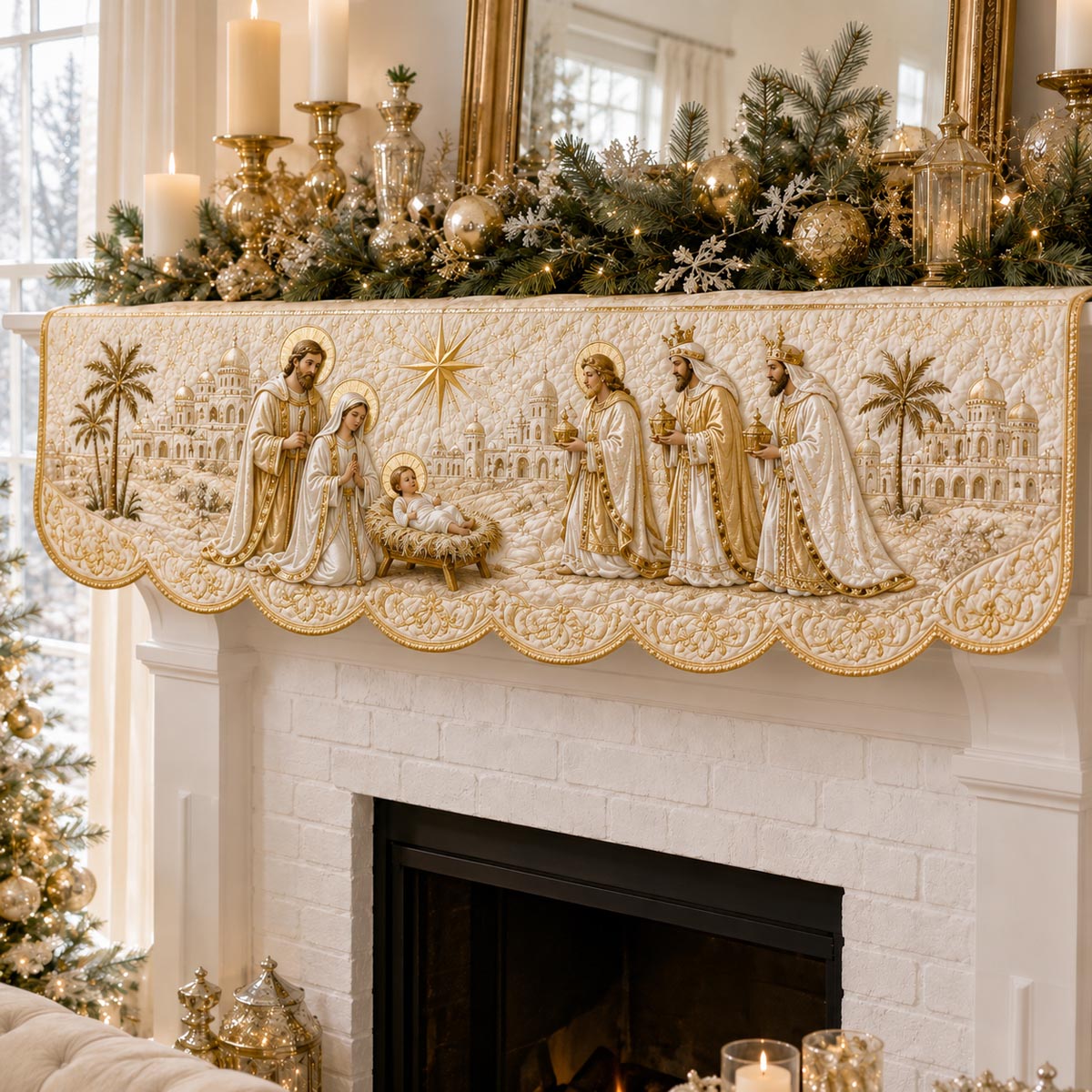 Ivory Holy Family Quilted Mantel Scarf SN0DV500