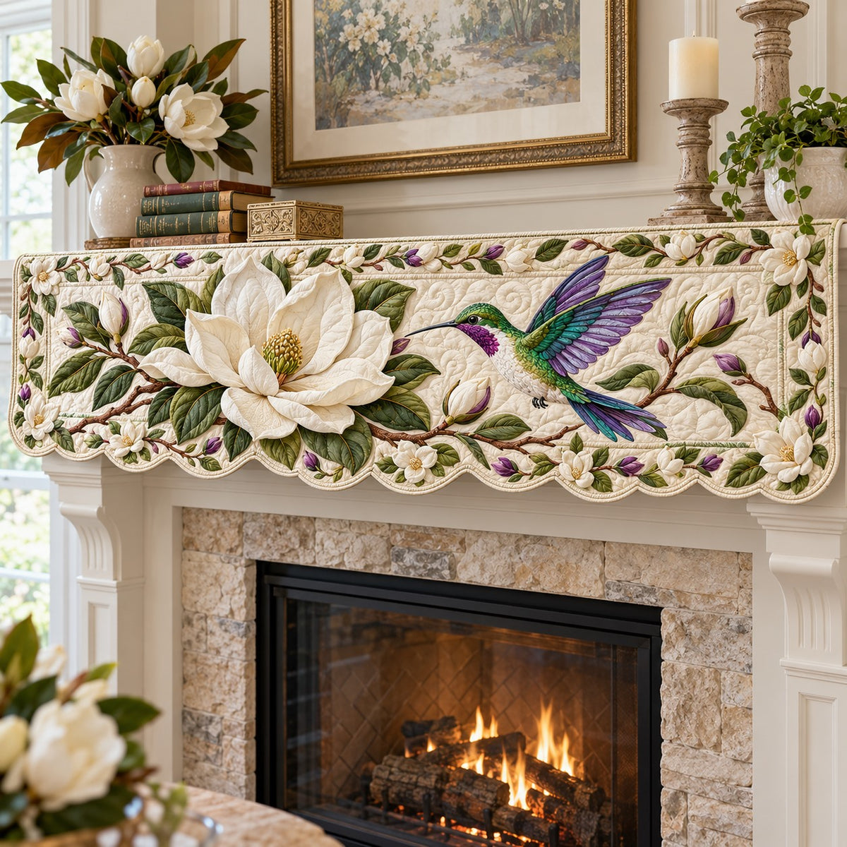 Ivory Magnolia Flight Quilted Mantel Scarf SN0TV948