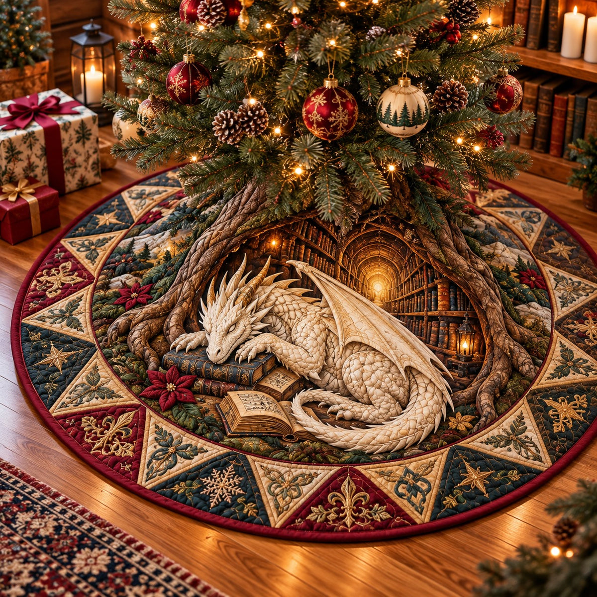 Ivory Oak Dragon Christmas Quilted Tree Skirt SN0PT1497