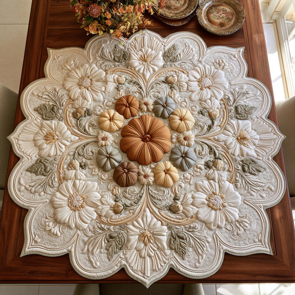 Ivory Pumpkin Lace Custom Shape Quilted Table Topper SN0DV193