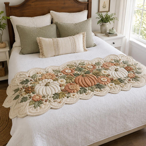 Ivory Sage Pumpkin Meadow Custom Shape Quilted Bed Runner SN0DV216
