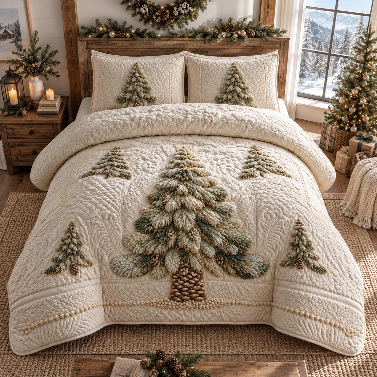 Ivory Winter Evergreen 3-Piece Quilted Bedding Set SN0DV933