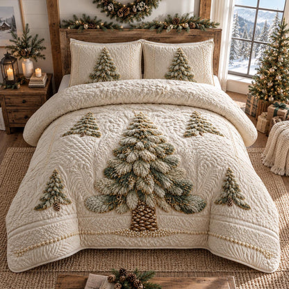 Ivory Winter Evergreen 3-Piece Quilted Bedding Set SN0DV933