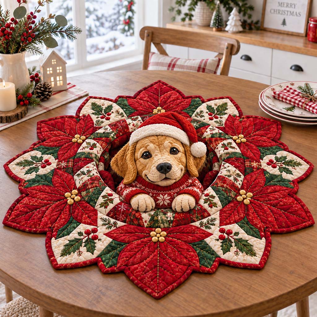 Joyful Golden Poinsettia Custom Shape Quilted Table Topper SN0HH0686