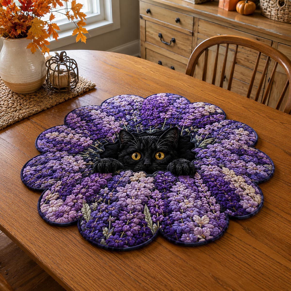 Lavender Bloom Cat Custom Shape Quilted Table Topper SN0DV220