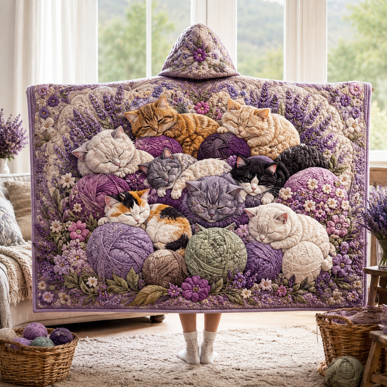 Lavender Cats Quilted Hooded Blanket SN0TV068