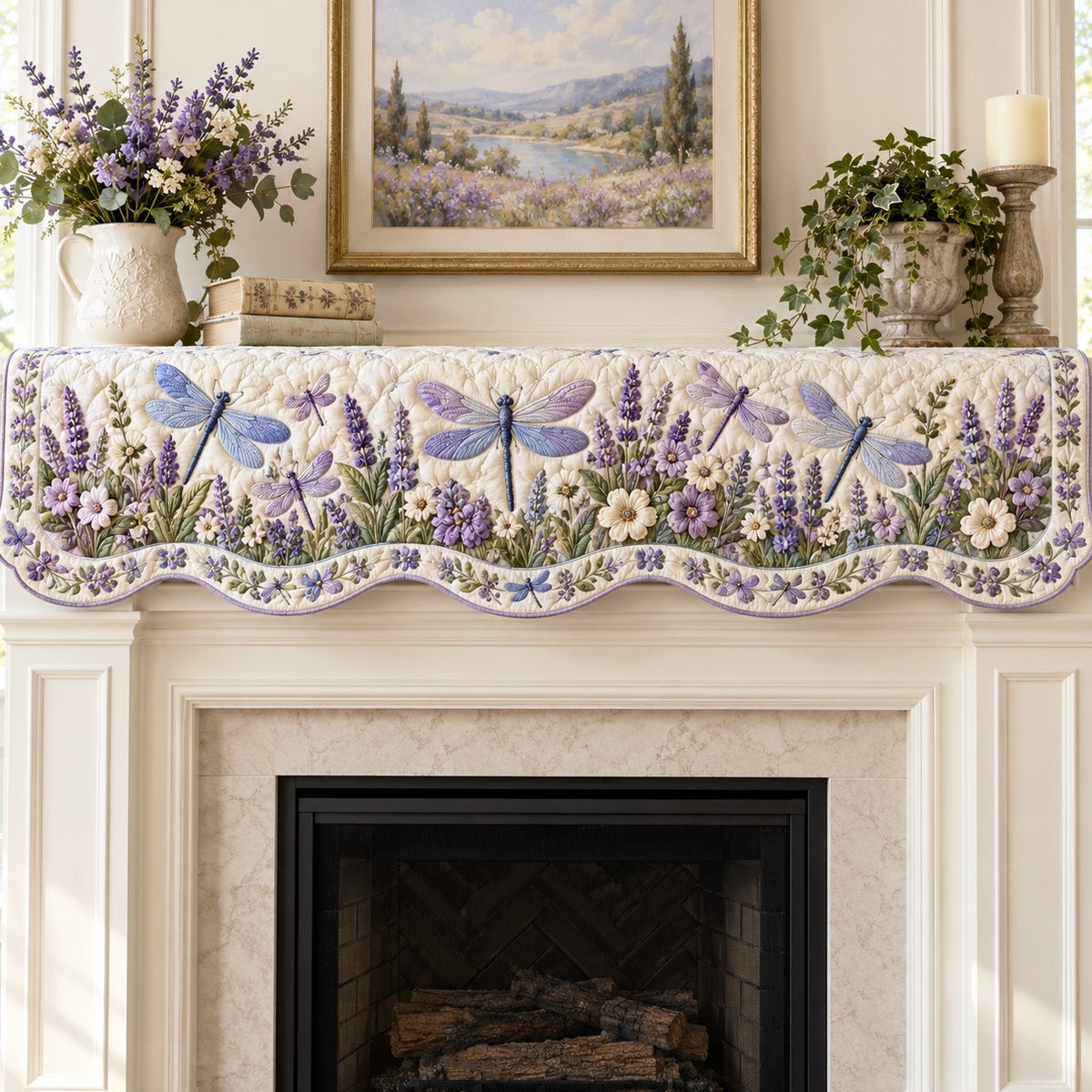 Lavender Field Dragonflies Quilted Mantel Scarf SN0TV967