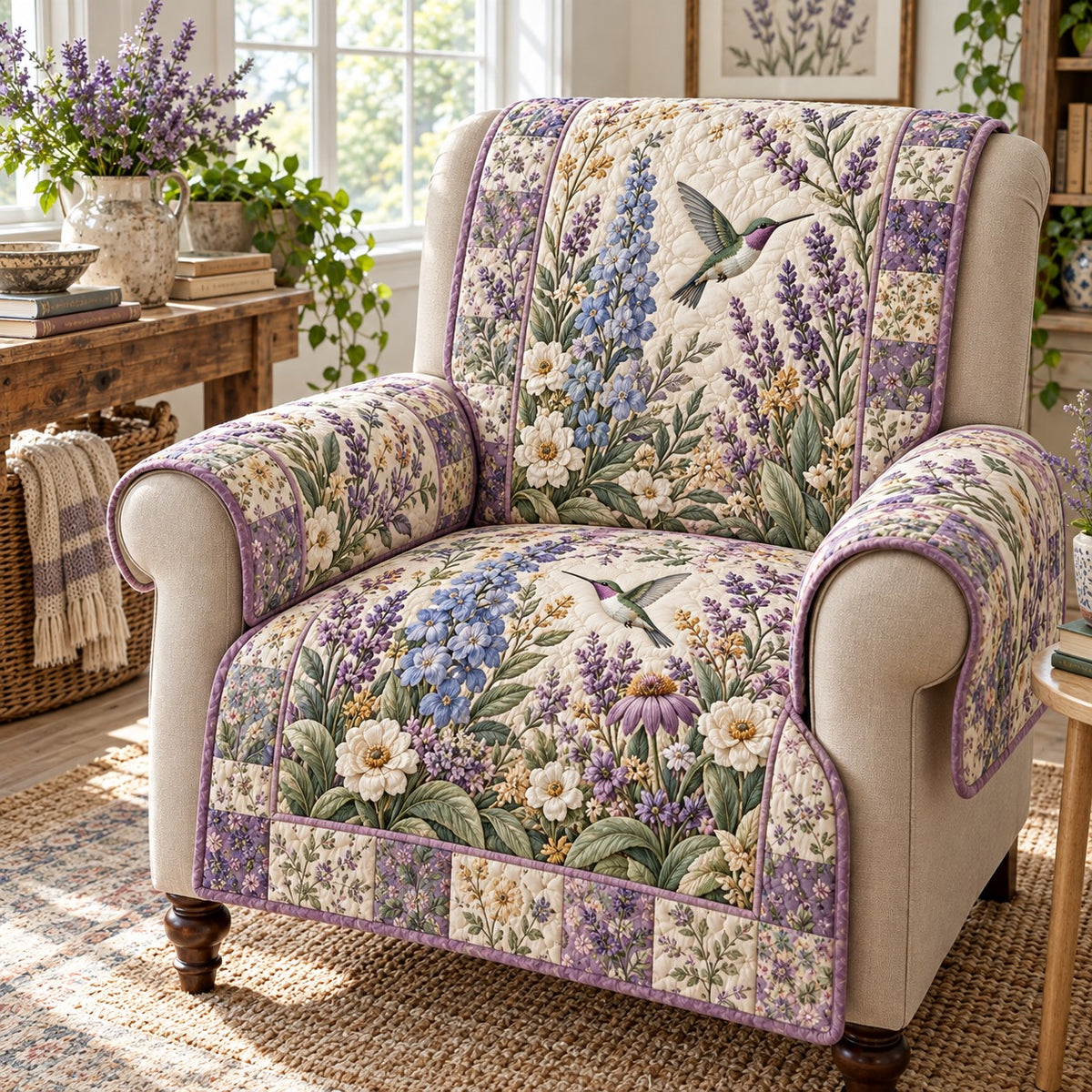 Lilac Lavender Hummingbird Quilted Sofa Cover SN0DV1108