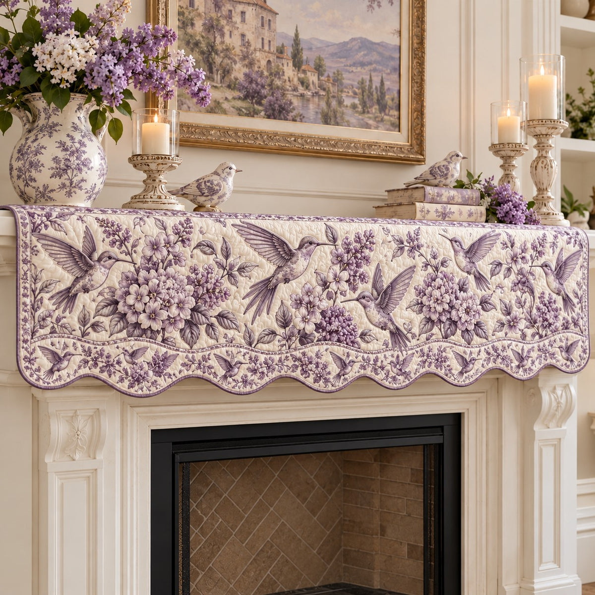 Lilac Toile Hummers Quilted Mantel Scarf SN0TV958