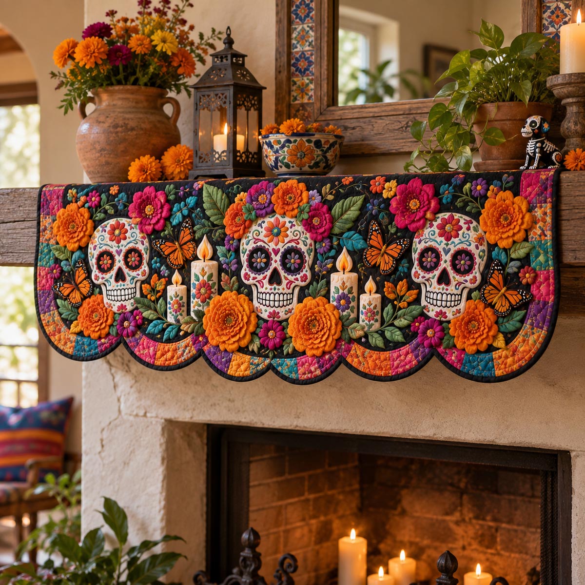Marigold Skull Trio Quilted Mantel Scarf SN0DV627