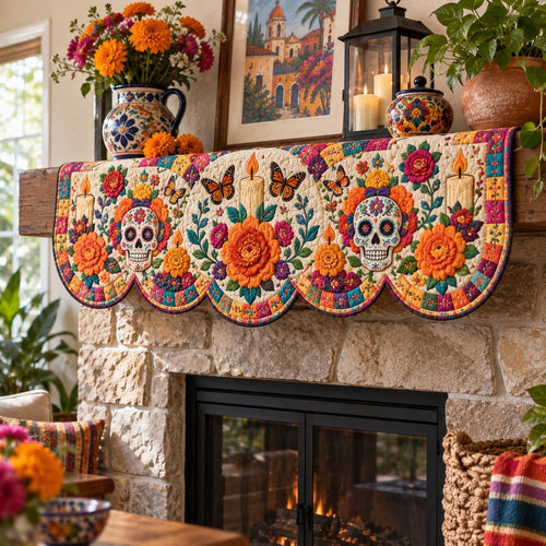Marigold Sugar Skull Parade Quilted Mantel Scarf SN0DV624