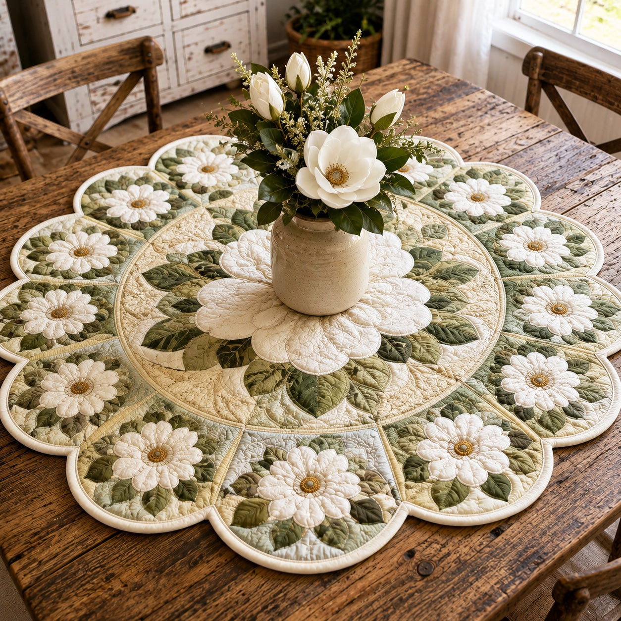 Meadow Magnolia Custom Shape Quilted Table Topper SN0TV086
