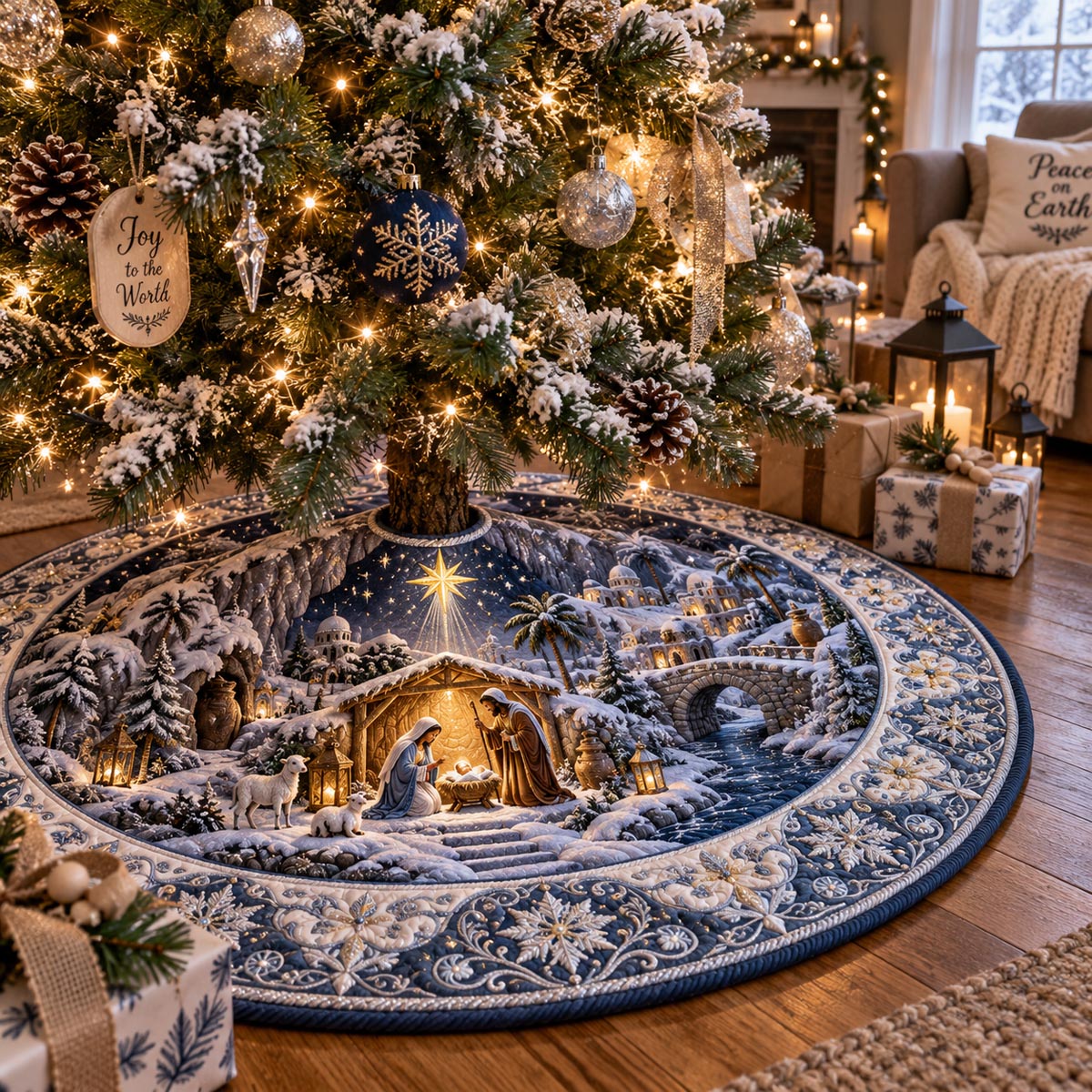 Midnight Bethlehem Star Christmas Quilted Tree Skirt SN0DV917