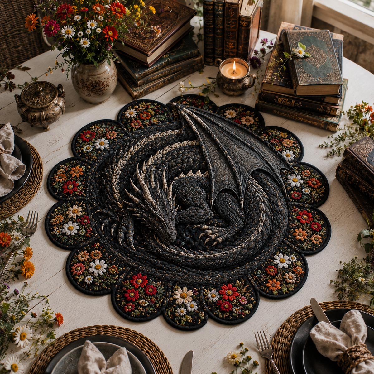 Midnight Garden Drake Custom Shape Quilted Table Topper SN0DV399