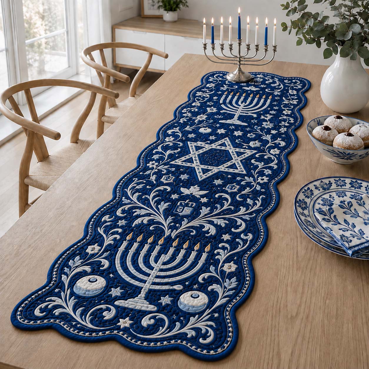 Midnight Hanukkah Scroll Custom Shape Quilted Table Runner SN0HH0198