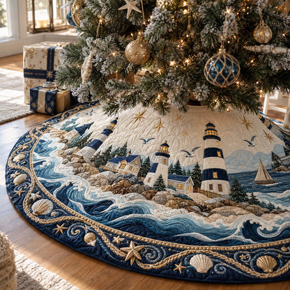 Midnight Lighthouse Village Christmas Quilted Tree Skirt SN0DV1196