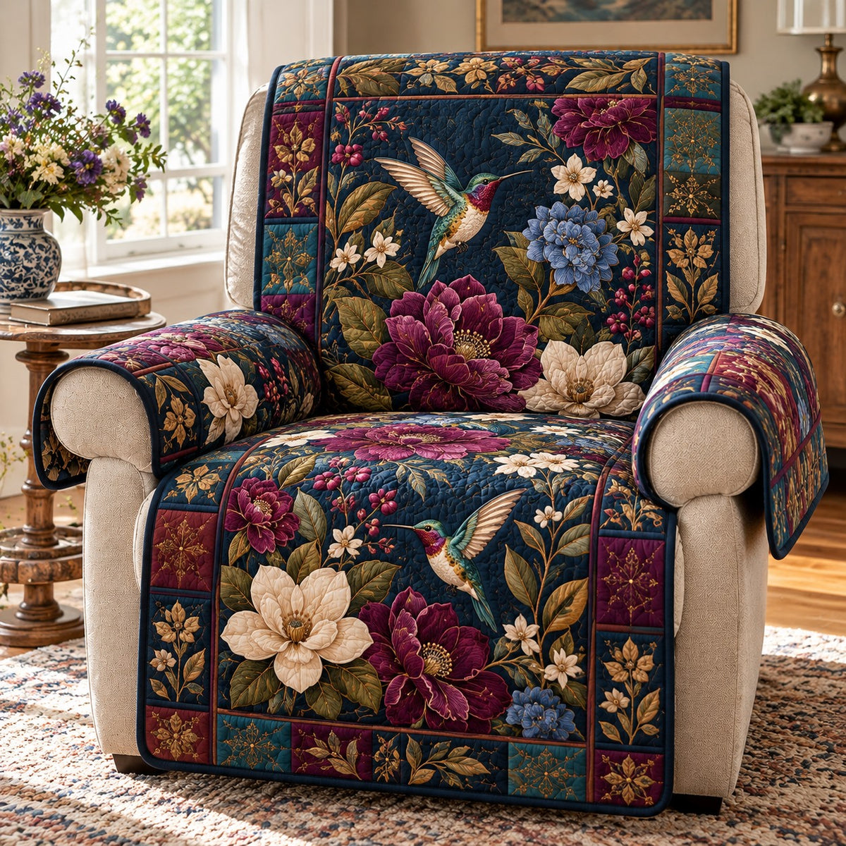 Midnight Magnolia Hummingbird Quilted Sofa Cover SN0DV1102