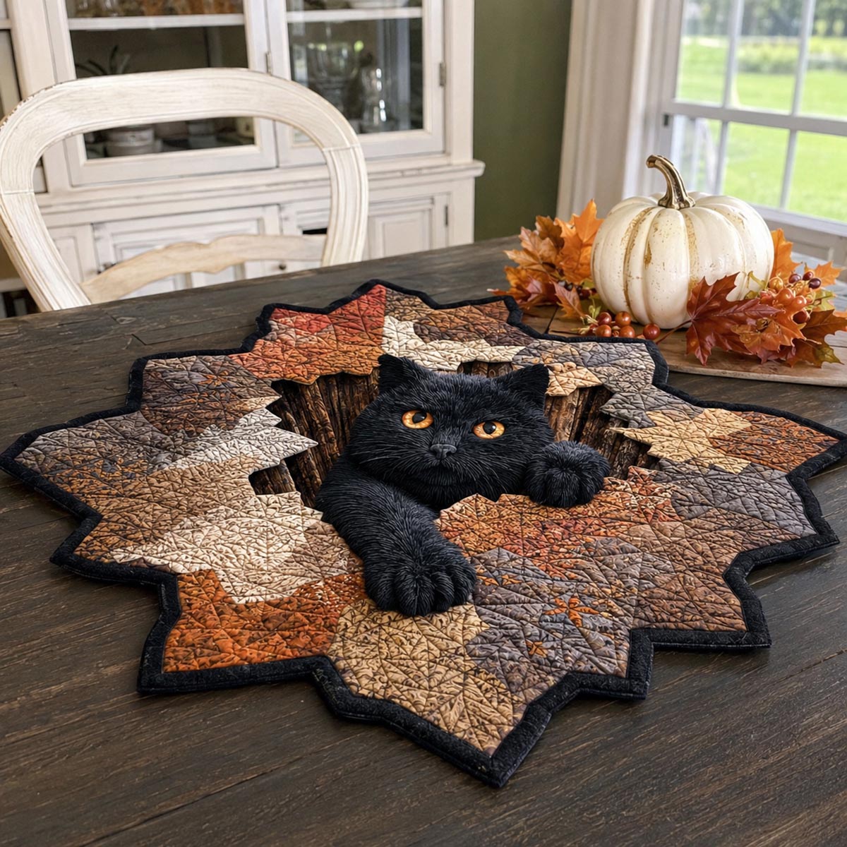 Midnight Maple Cat Custom Shape Quilted Table Topper SN0DV219