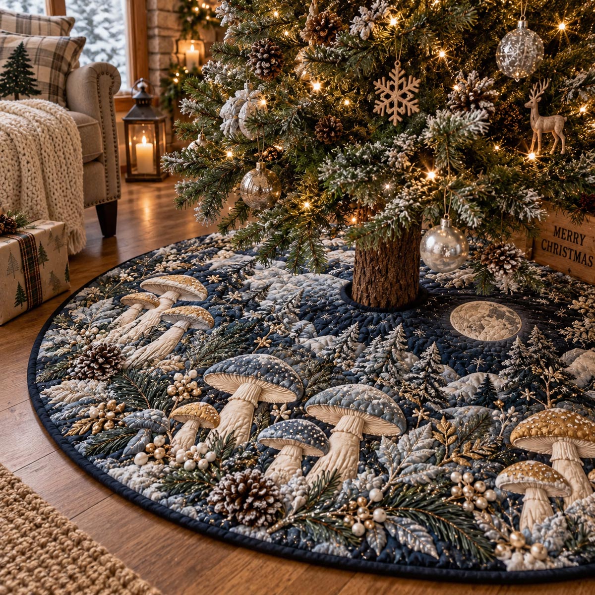 Midnight Mushroom Forest Christmas Quilted Tree Skirt SN0DV920