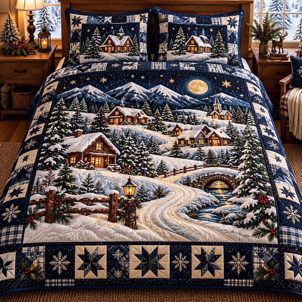 Midnight Snow Village Quilted Bedding Set V2 SN0HH1036