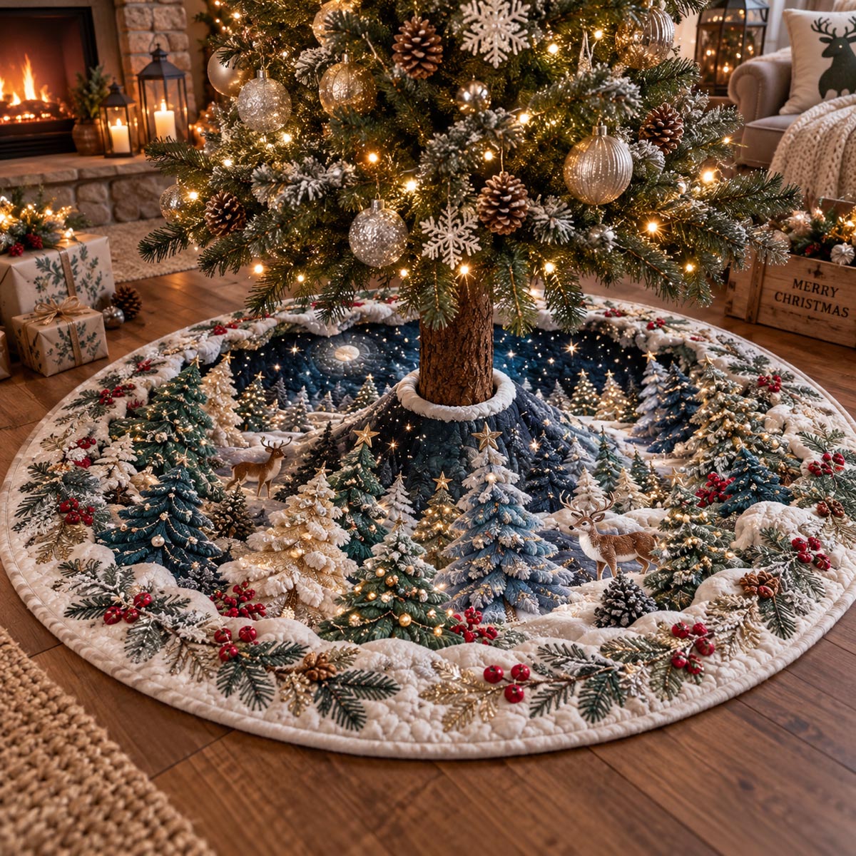 Midnight Winter Forest Christmas Quilted Tree Skirt SN0DV912