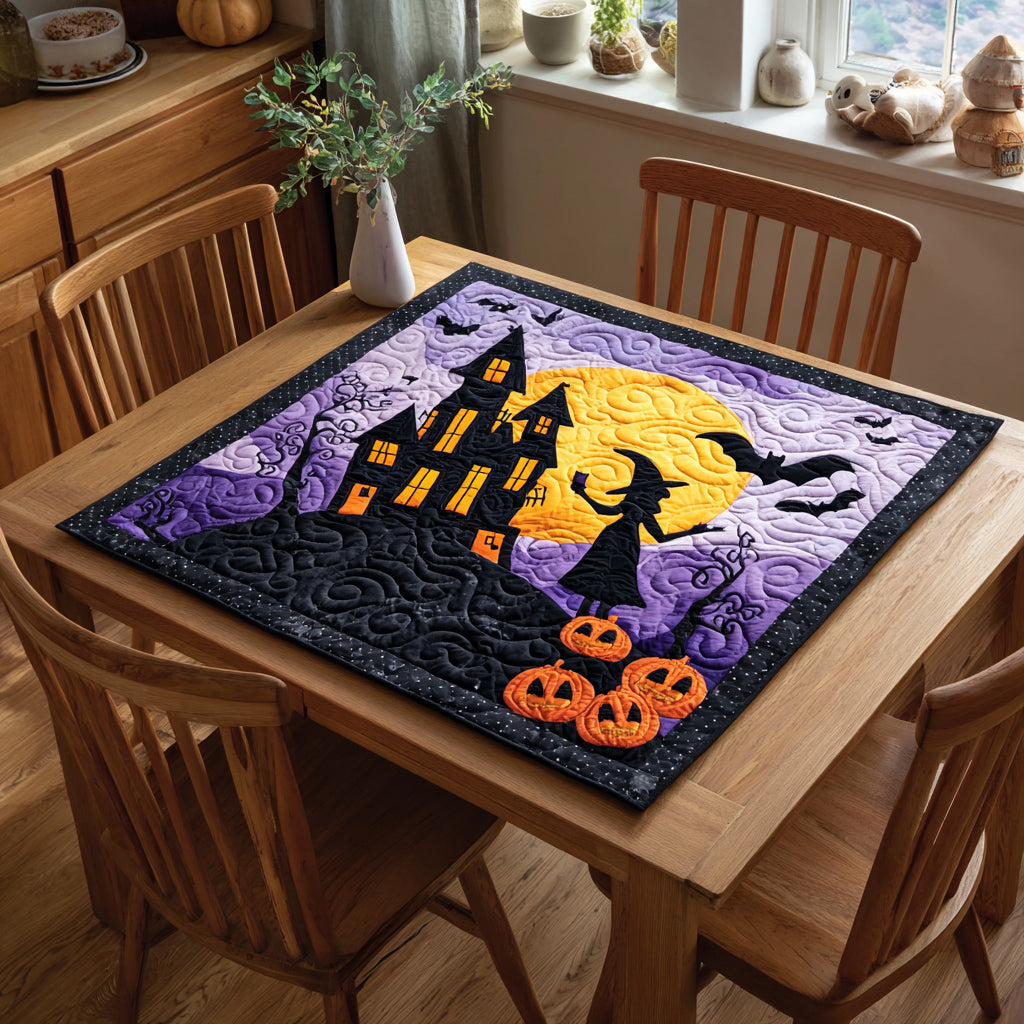Misty Halloween Castle Quilted Table Topper NCU0HNH253