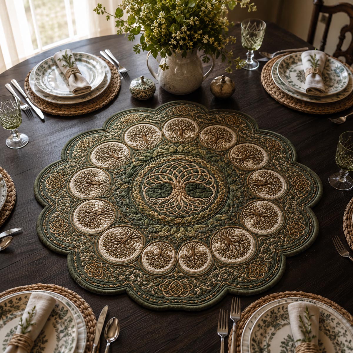 Moss Tree Medallion Custom Shape Quilted Table Topper SN0DV410