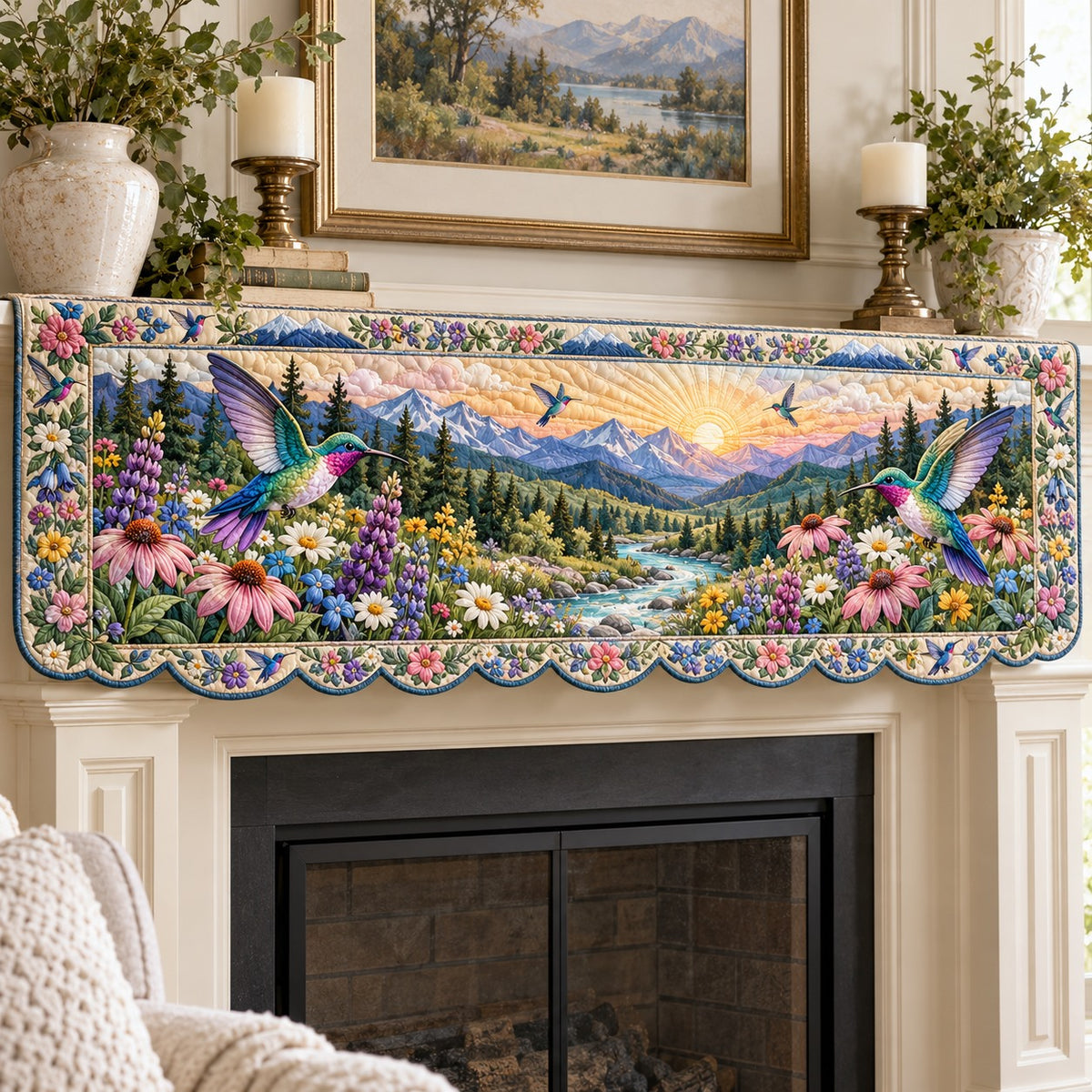 Mountain Sunrise Hummers Quilted Mantel Scarf SN0TV955