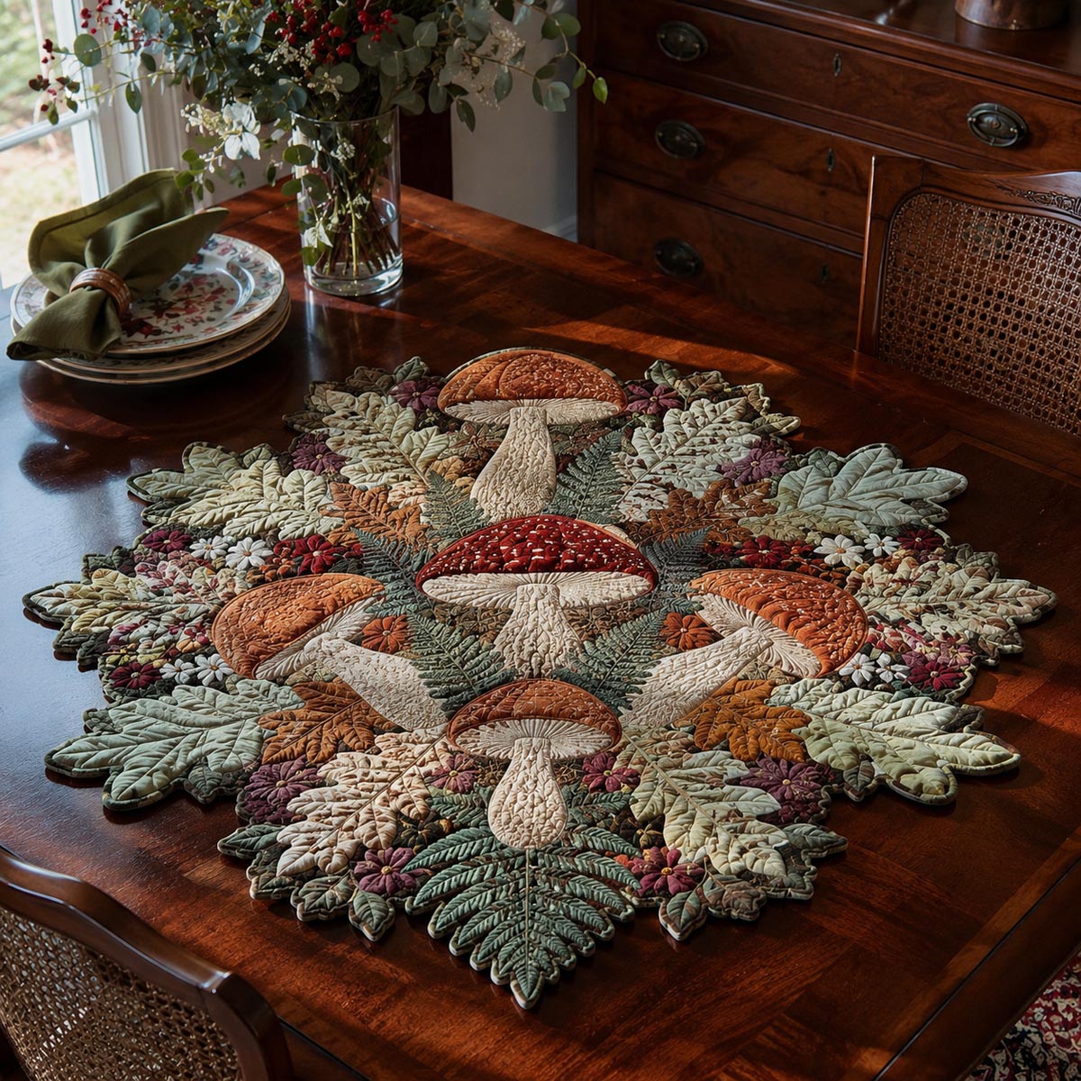 Mushroom Meadow Custom Shape Quilted Table Topper SN0DV205
