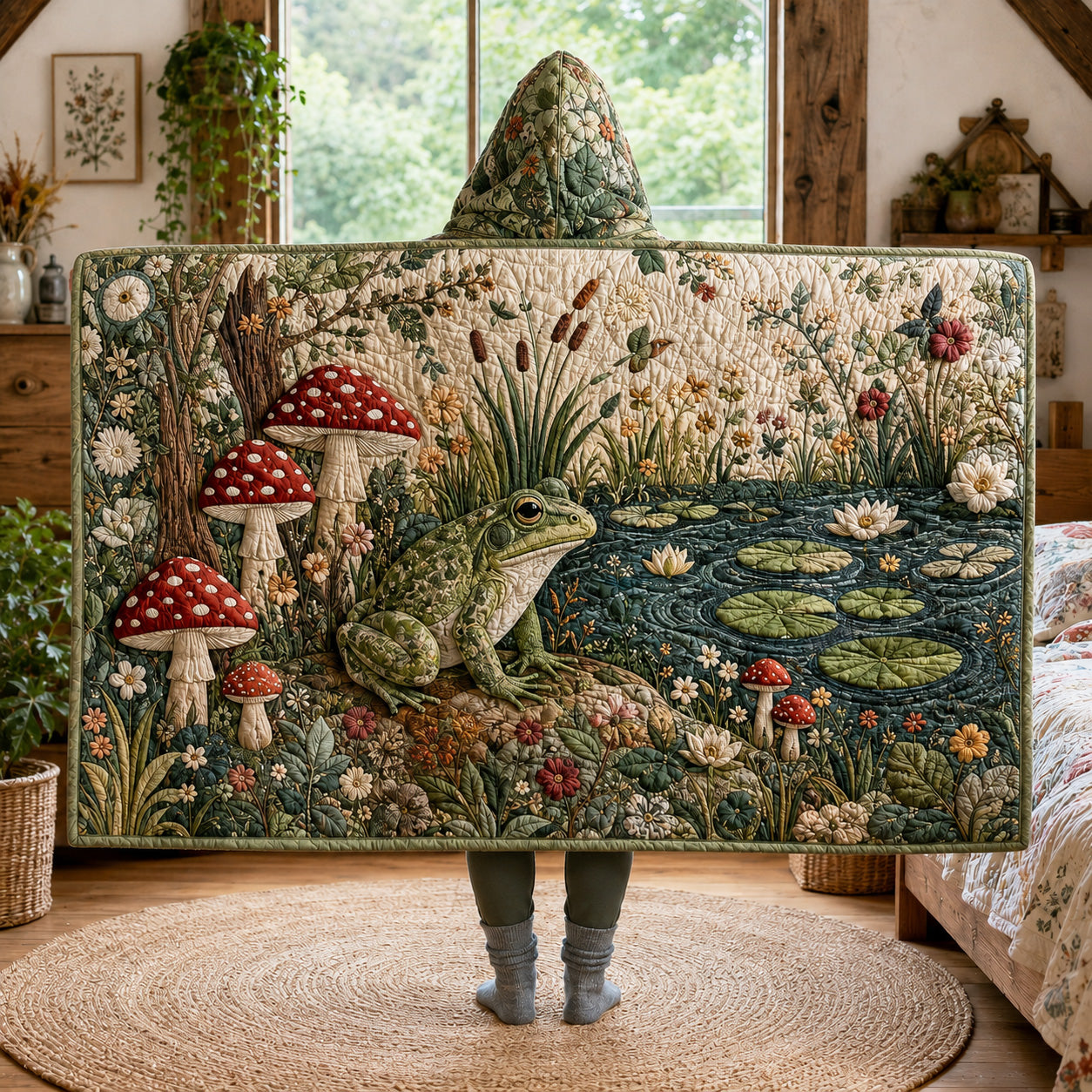 Mushroom Meadow Quilted Hooded Blanket SN0TV155