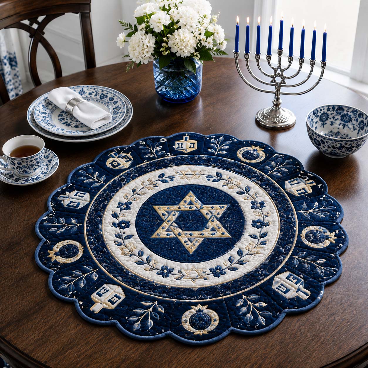 Navy Hanukkah Ring Custom Shape Quilted Table Topper SN0HH0189