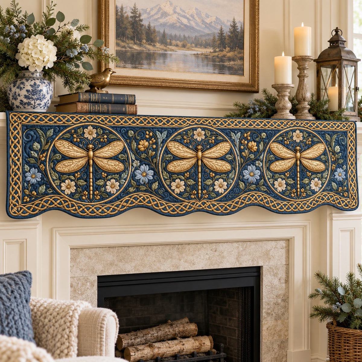 Navy Celtic Dragonflies Quilted Mantel Scarf SN0TV974