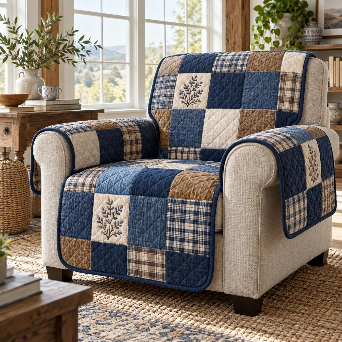 Navy Country Plaid Quilted Sofa Cover SN0DV1059